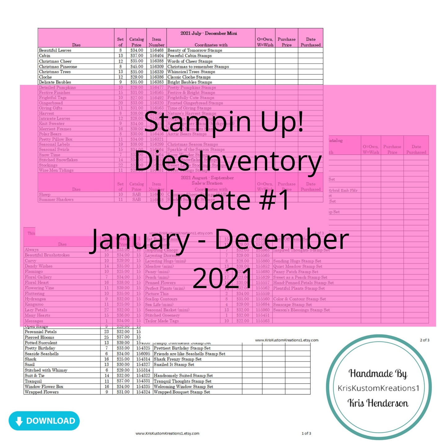 Download Update #1 2021 Stampin Up Tool Paper Cardstock Big Shot Sizzix Die Tracking List, Inventory, Reference Index Organizer
