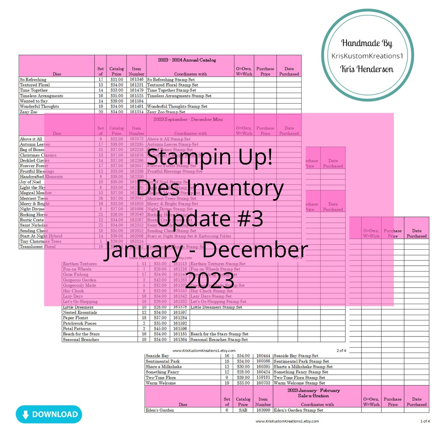 Download Update #3 2023 Stampin Up Tool Paper Cardstock Big Shot Sizzix Die Tracking List, Inventory, Reference Index Organizer