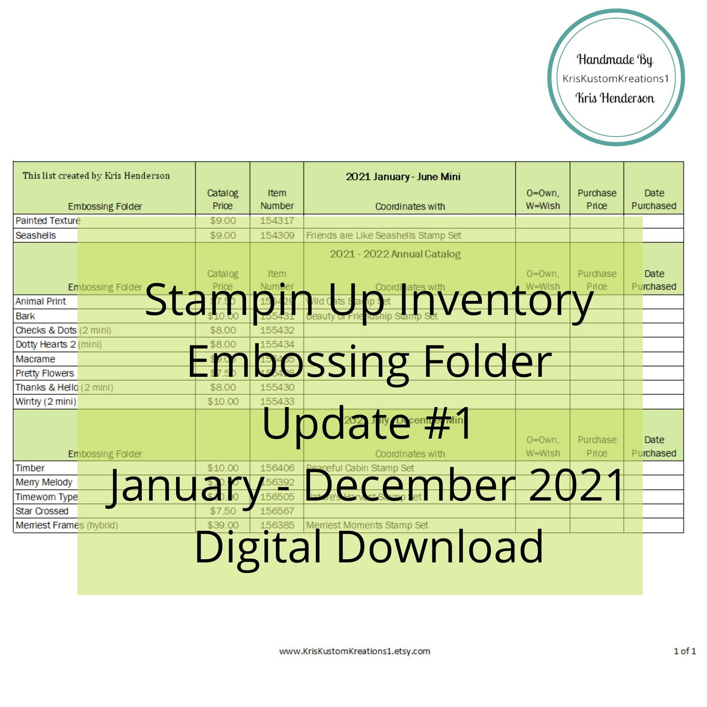 Download Update #1 2021 Catalog Stampin Up Tool Paper Cardstock Embossing Folder Tracking List, Inventory, Reference Index Organizer
