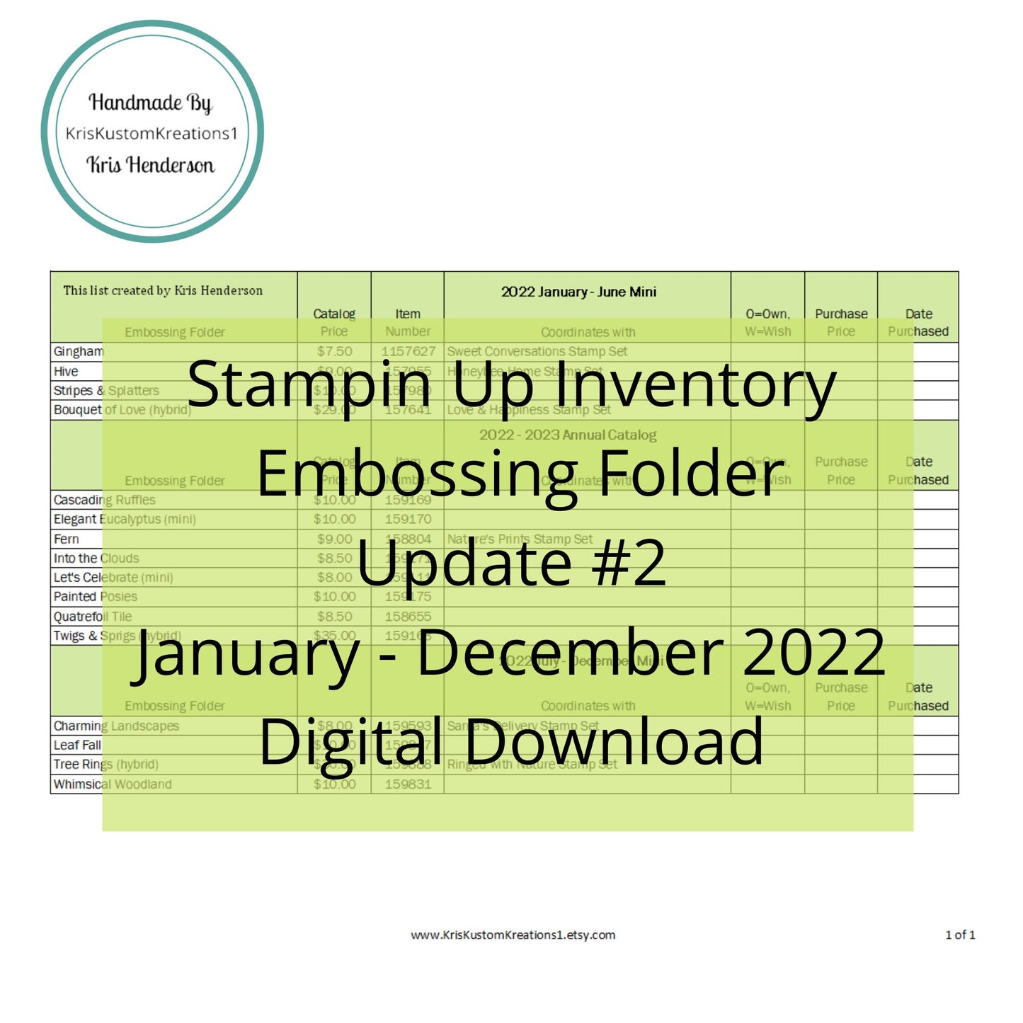 Download Update #2 2022 Annual Cat Stampin Up Tool Paper Cardstock Embossing Folder Tracking List, Inventory, Reference Index Organizer