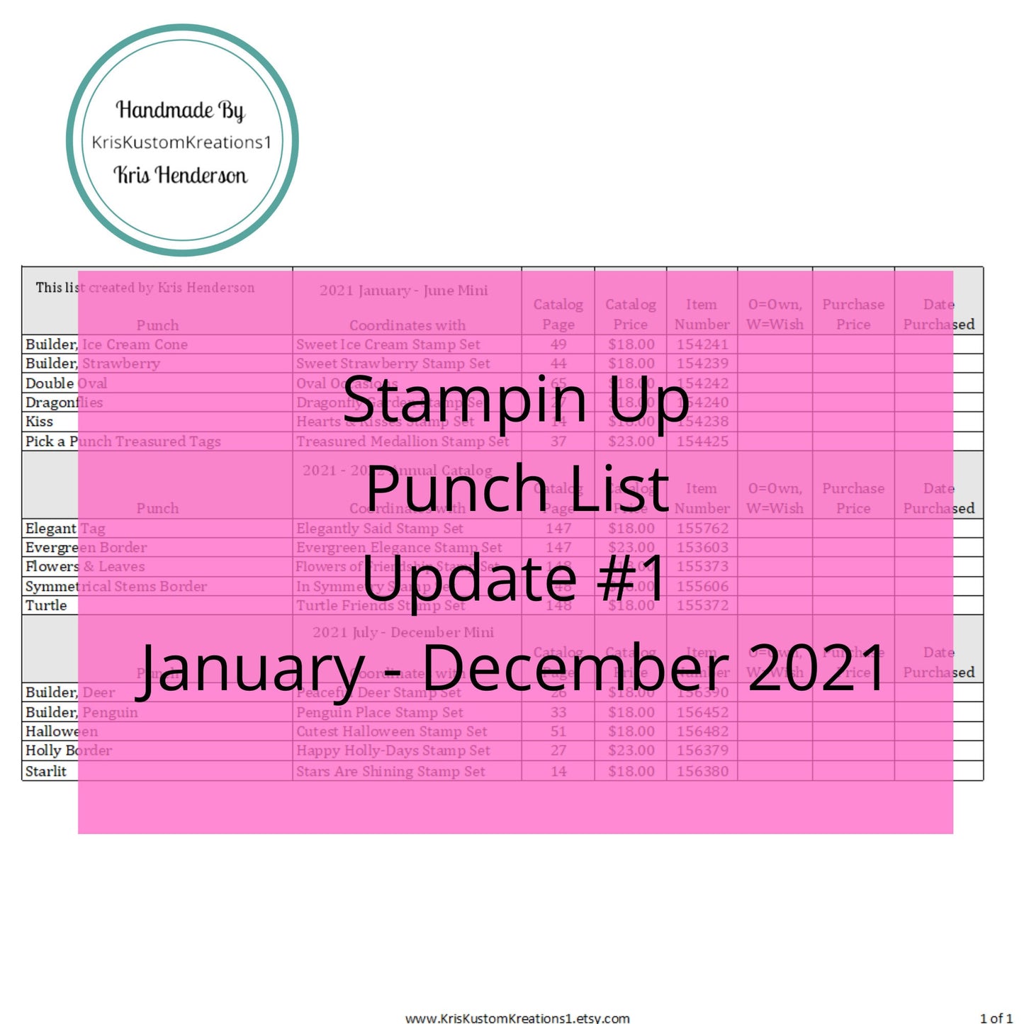 Update #1 Download January-December 2021 Stampin Up Tool Paper Cardstock Master Punch Tracking List, Inventory, Reference Index Organizer