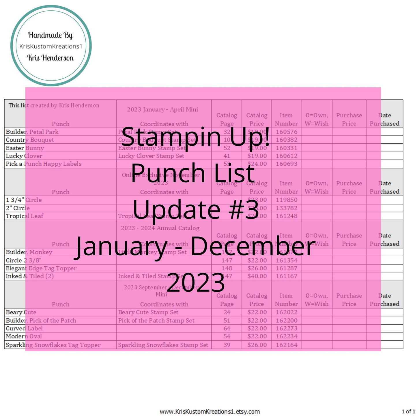 Update #3 Download January-December 2023 Stampin Up Tool Paper Cardstock Master Punch Tracking List, Inventory, Reference Index Organizer