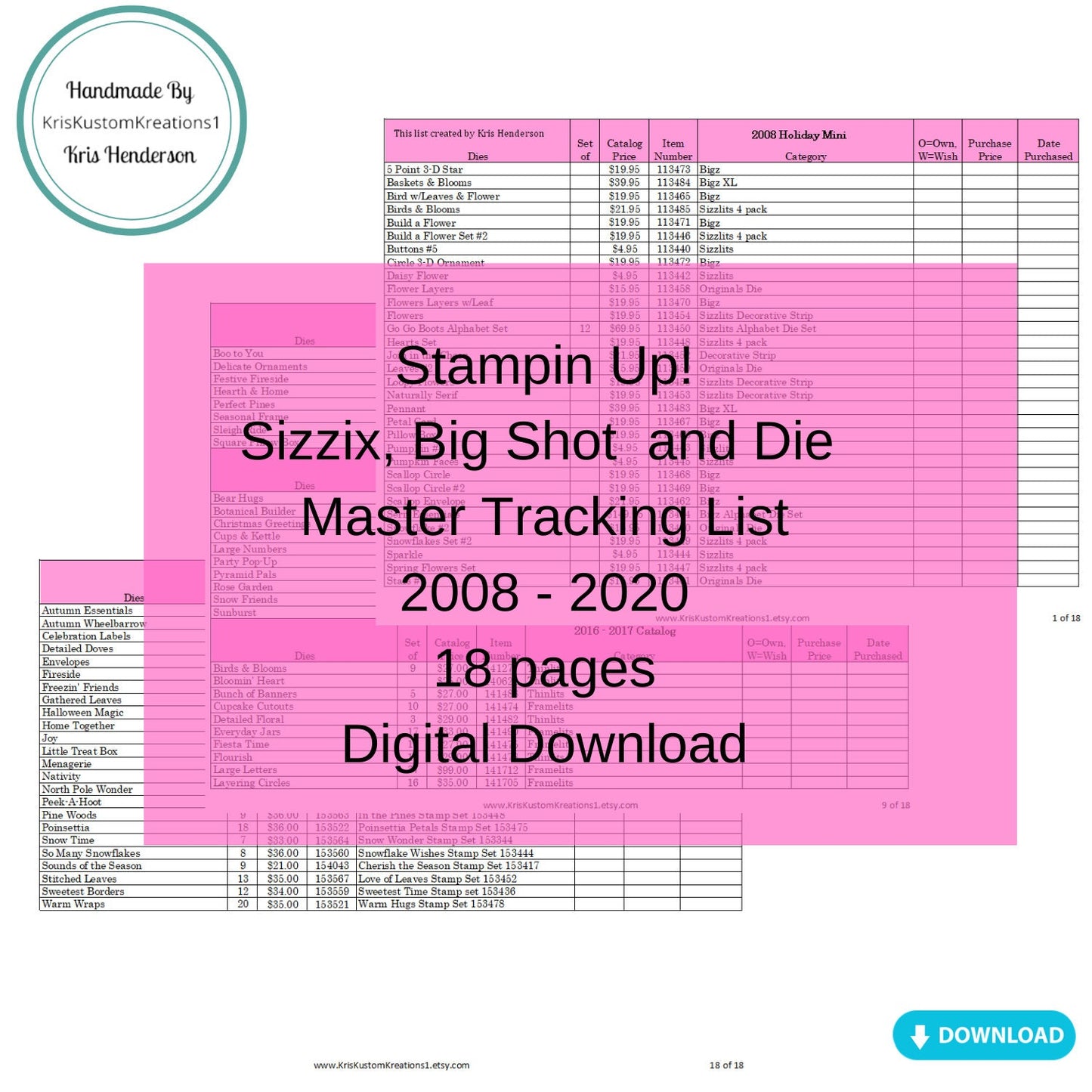 Download Stampin Up Tool Paper Cardstock 2009-2021 Master Die Tracking List, Inventory, Reference Index Organizer