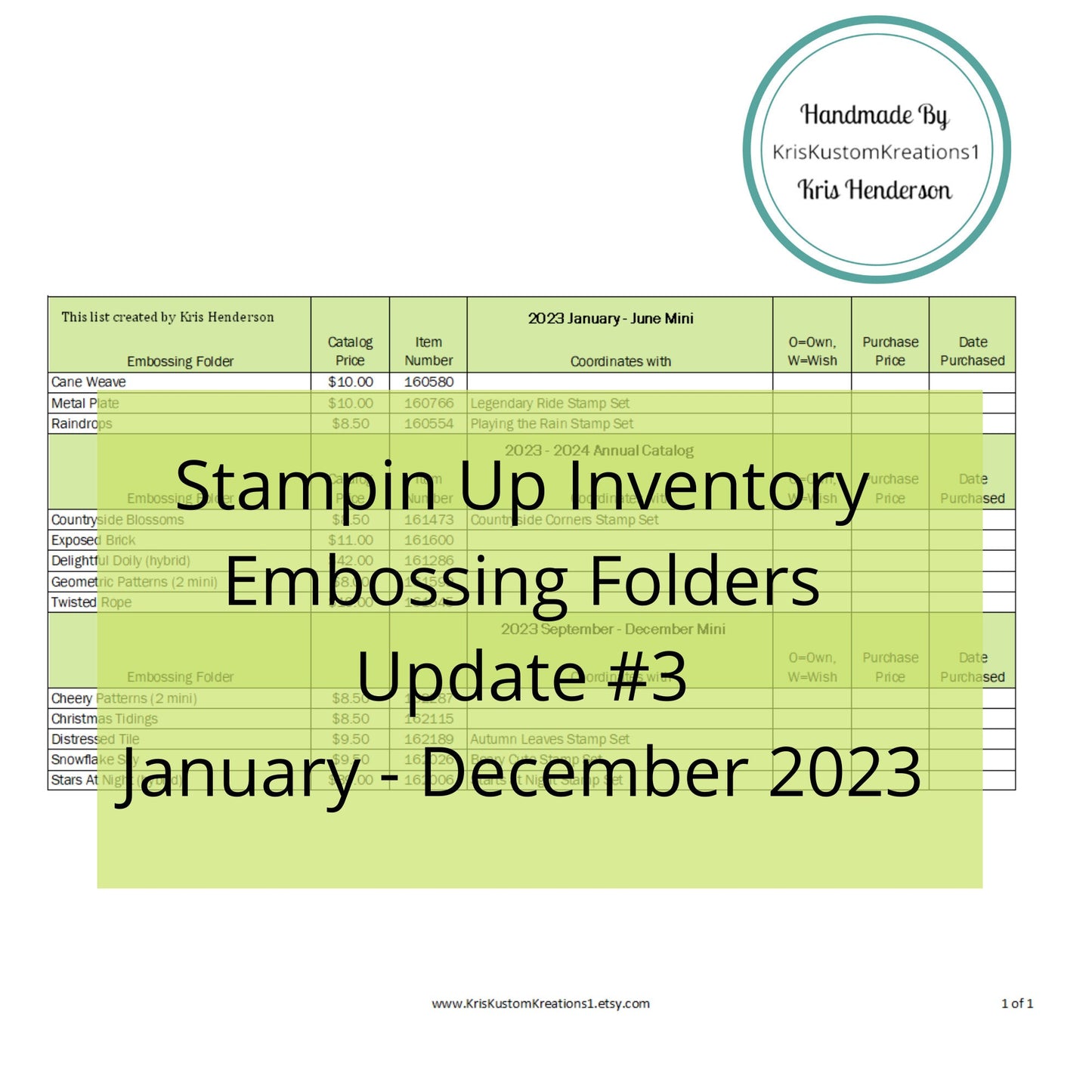 Download Stampin Up Update #3 2023 Catalog Tool Paper Cardstock Embossing Folder Tracking List, Inventory, Reference Index Organizer