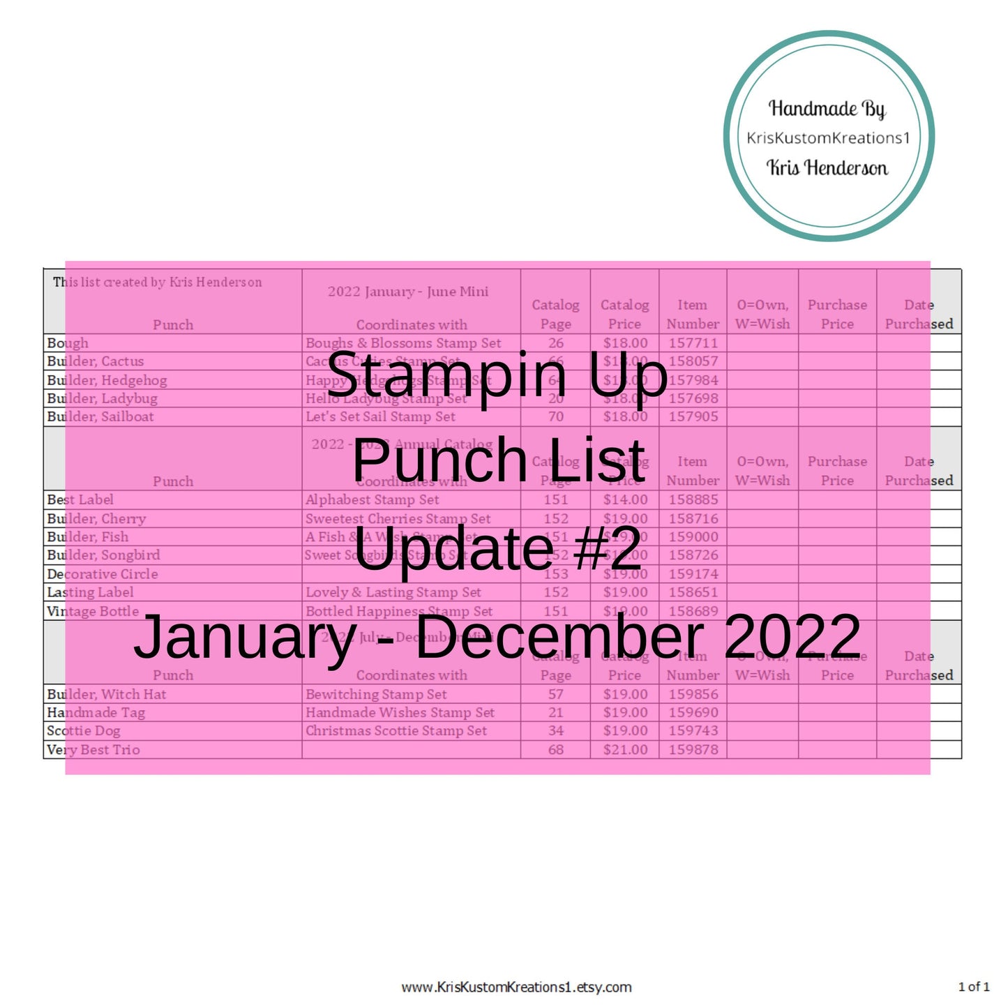 Update #2 Download January-December 2022 Stampin Up Tool Paper Cardstock Master Punch Tracking List, Inventory, Reference Index Organizer