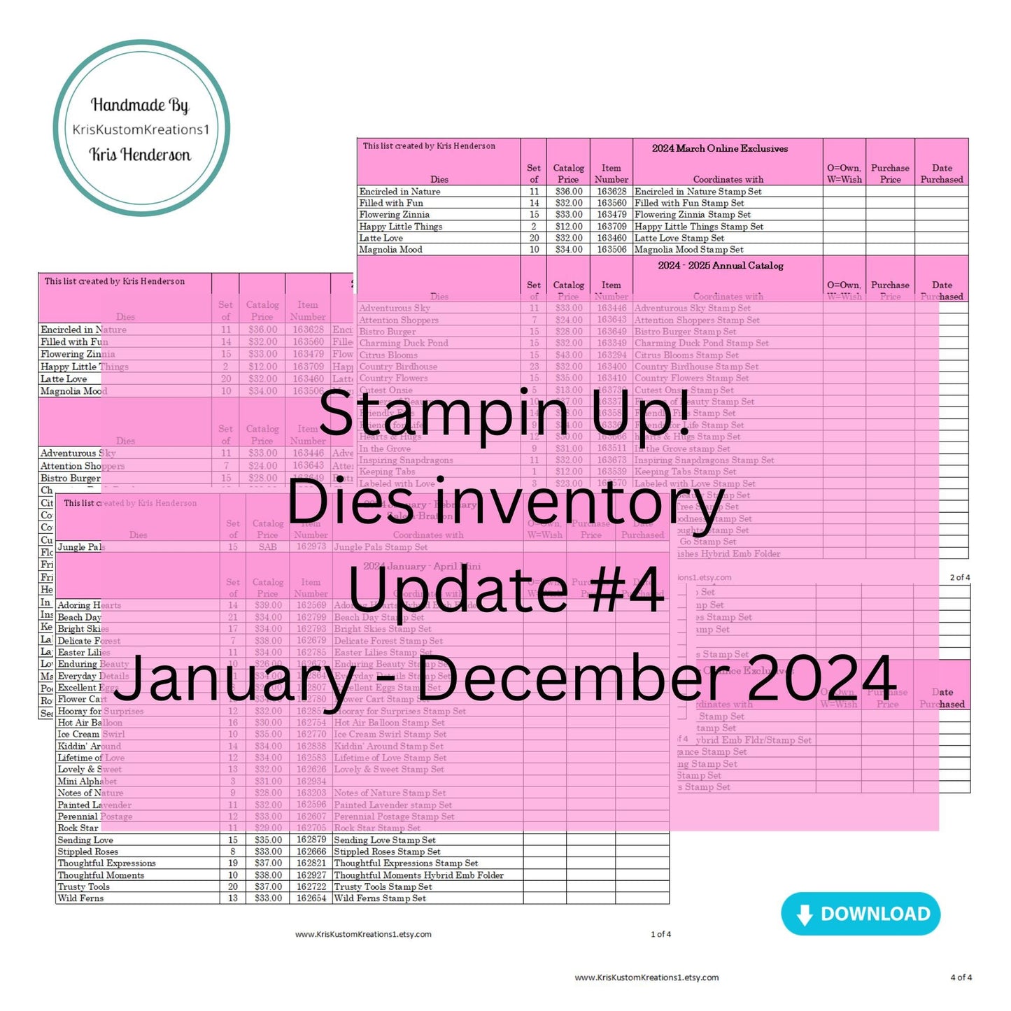 Download Update #4 2024 Stampin Up Tool Paper Cardstock Big Shot Sizzix Die Tracking List, Inventory, Reference Index Organizer