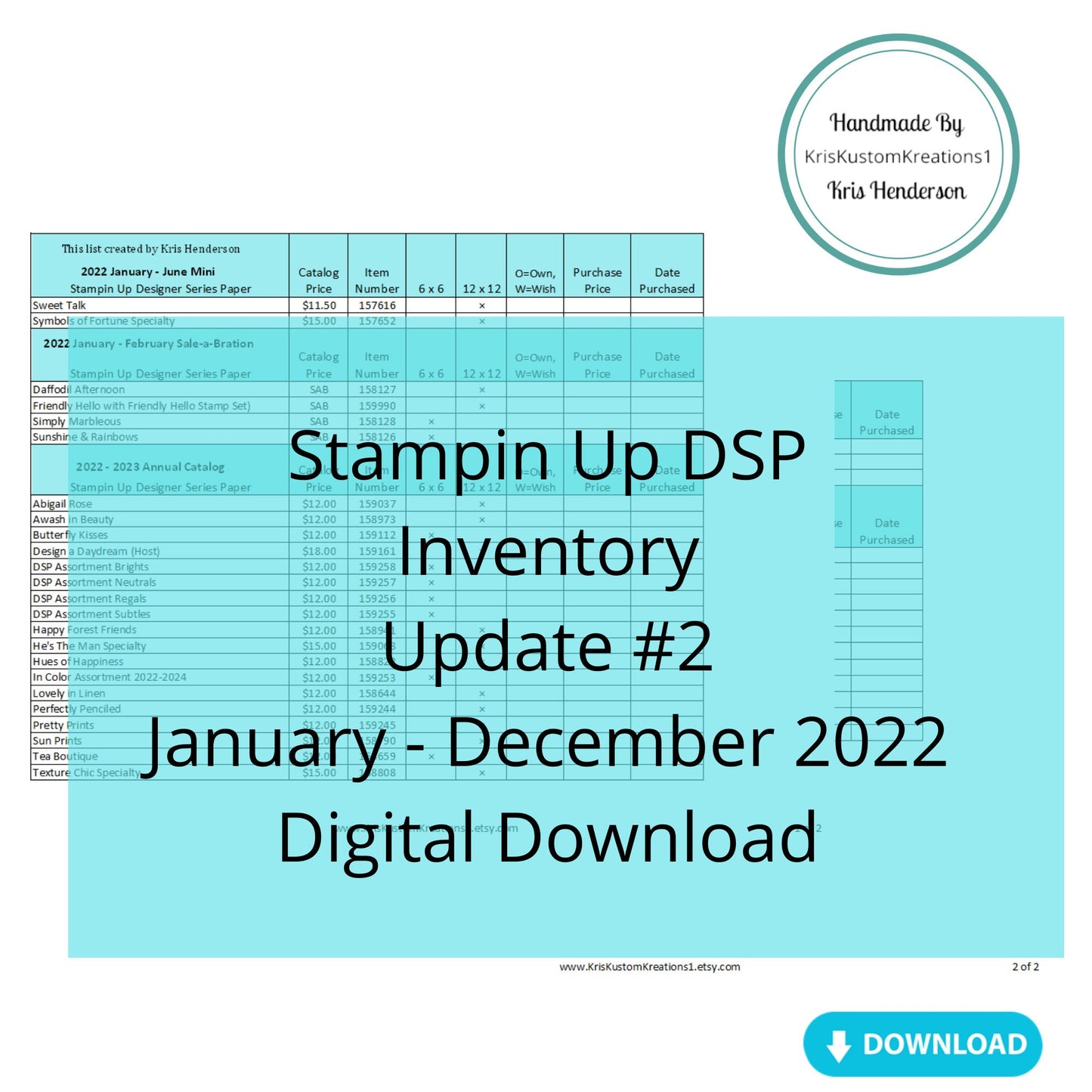 Download Update #2 2022 Stampin Up Tool Paper Cardstock Designer Series Paper Tracking List Inventory Reference Index Organizer