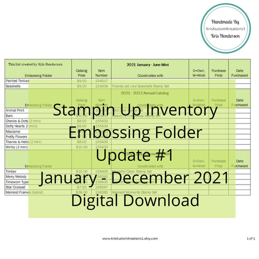 Download Update #1  2021 Catalog Stampin Up Tool Paper Cardstock Embossing Folder Tracking List, Inventory, Reference Index Organizer