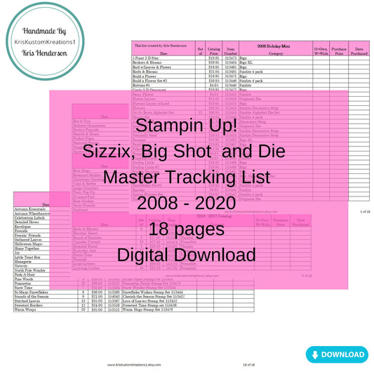 Download Stampin Up Tool Paper Cardstock 2009-2021 Master Die Tracking List, Inventory, Reference Index Organizer
