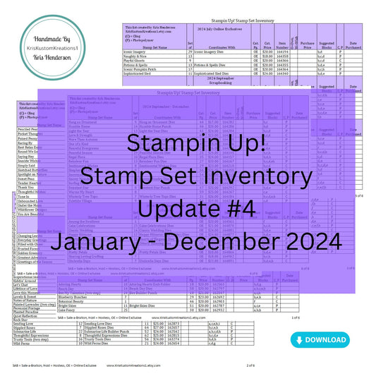 Download Stampin Up Update #4 2024 Stamp Set Tracking List, Inventory, Reference Index Organizer