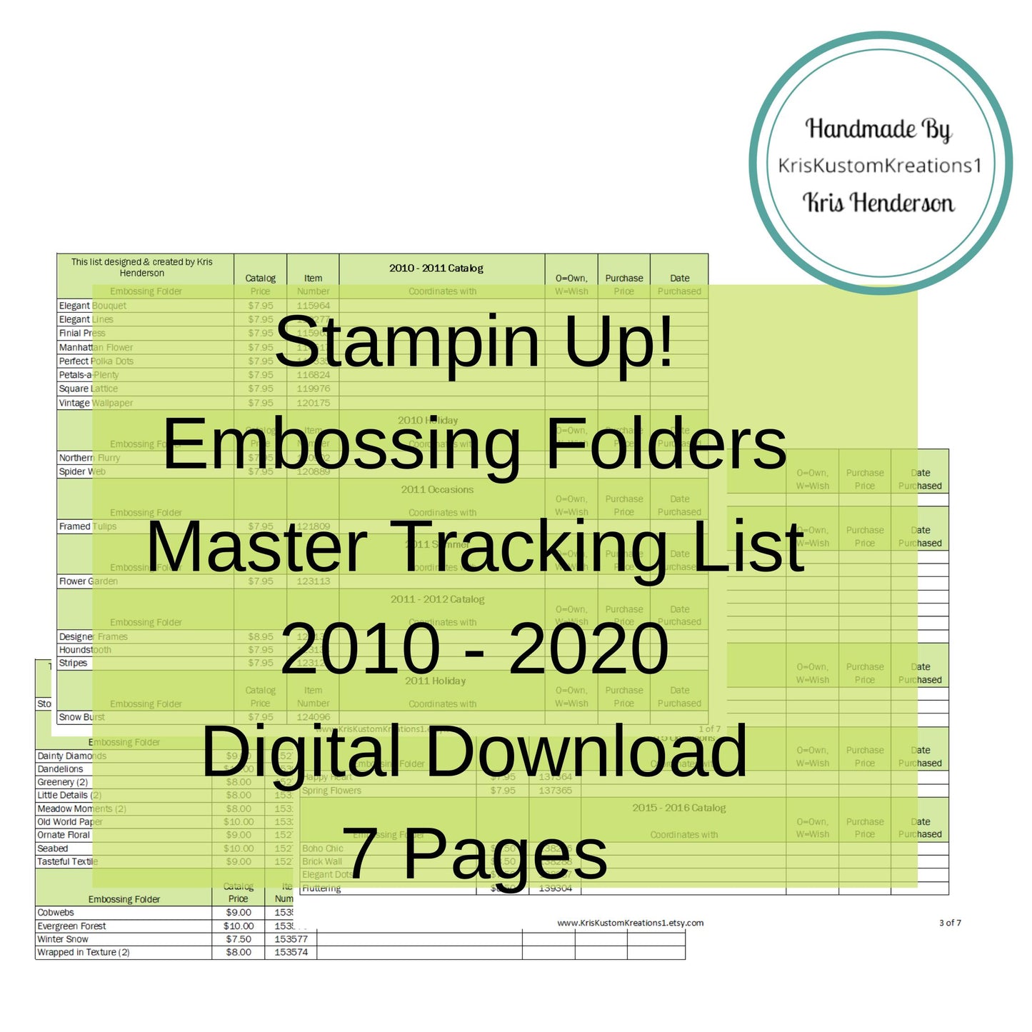 Download Stampin Up Tool Paper Cardstock Master Embossing Folder Tracking List, Inventory, Reference Index Organizer